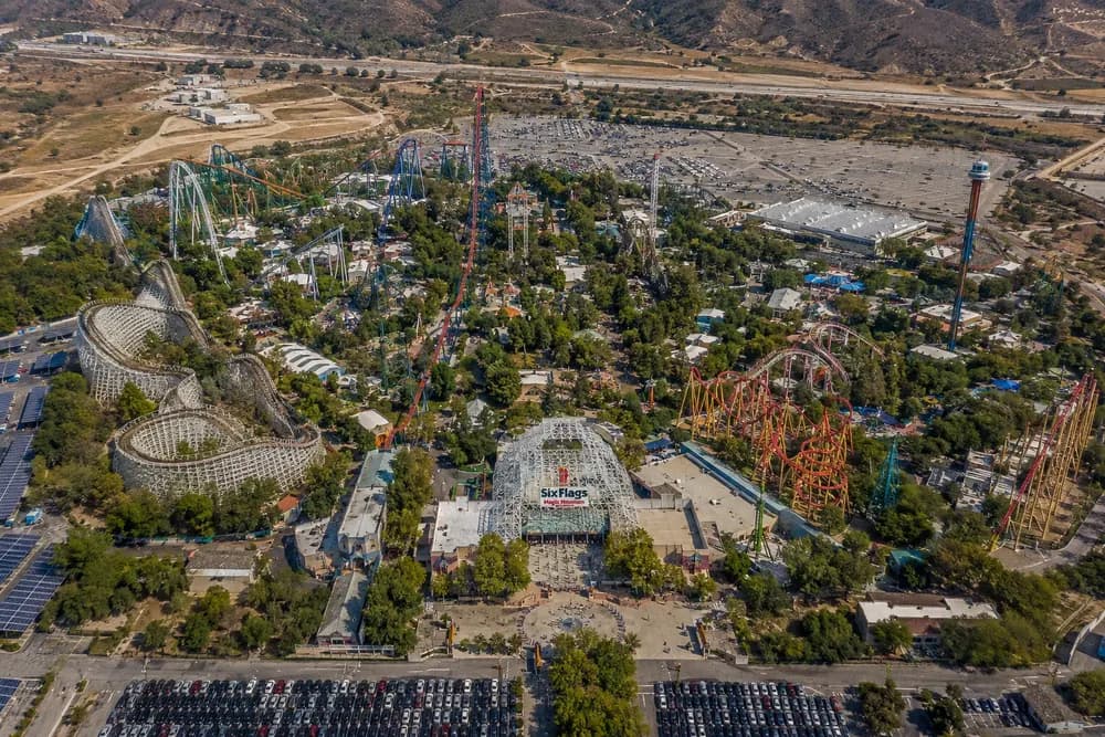 Aerial view of Six Flags Magic Mountain in Valencia, California.